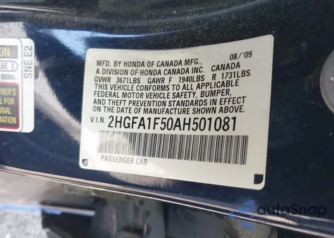 2010 Honda Civic Lx from USA, damaged, VIN 2HGFA1F50AH501081